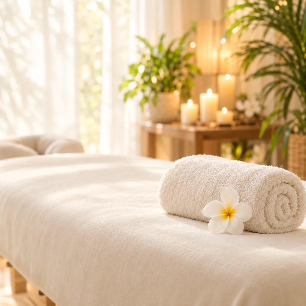 Pokojný wellness interiér s lehátkom, uterákmi a prírodnými detailmi.