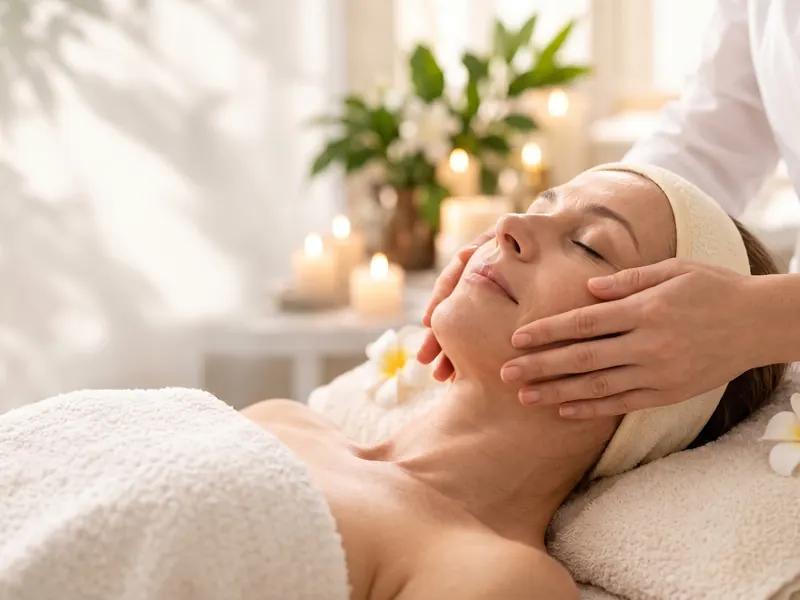 Jemná masáž tváre počas anti-aging ošetrenia.